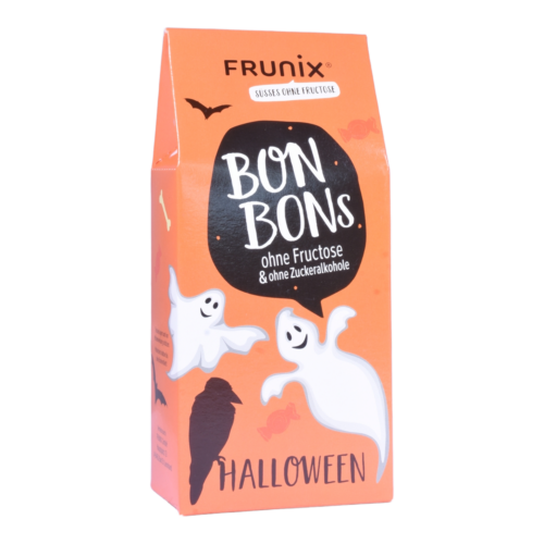 Halloween-Bonbons in schwarzer Packung mit lustigem Gespenst - fructosefreie Bonbons enthalten