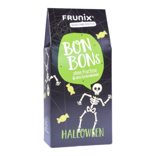 Halloween-Bonbons in schwarzer Packung mit lustigem Skelett